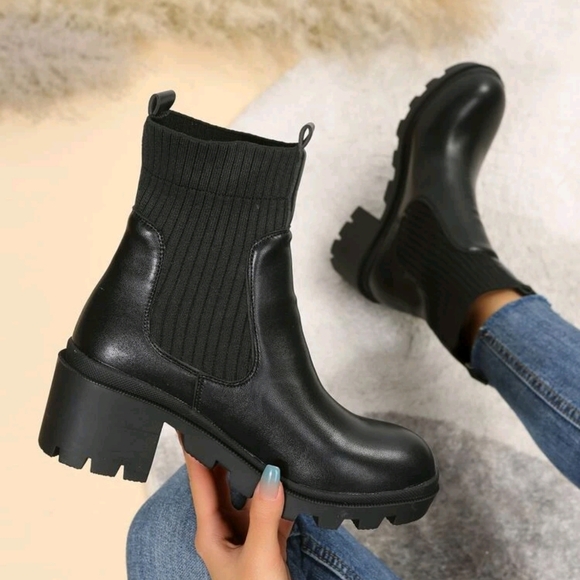 Shoes - Black Chelsea Boots, Minimalist Slip-on Thick Bottom Sock Boots